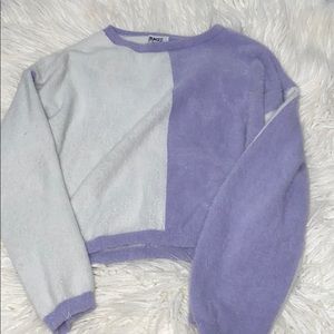 purple and white color block fuzzy long sleeve